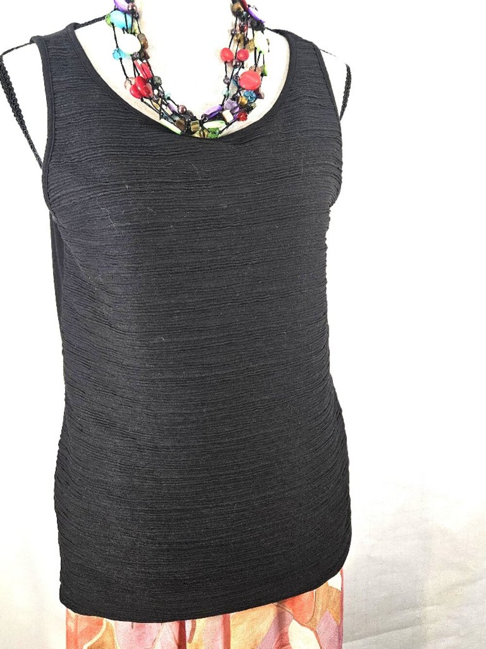 Ann Taylor SZ S/P Black Tank Top Features Textured Knit, Horizontal Detailing